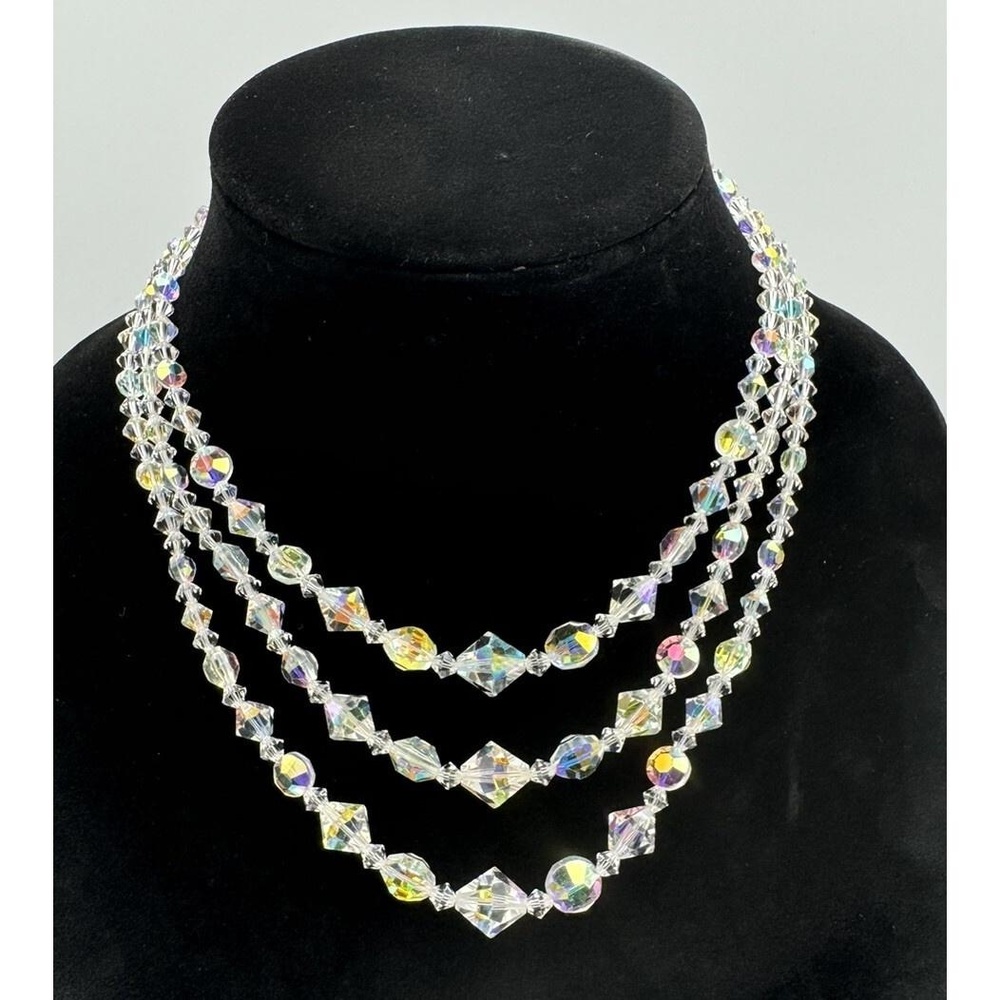 Vintage Triple Strand Sparkling Aurora Borealis AB Glass Crystal Bead Necklace